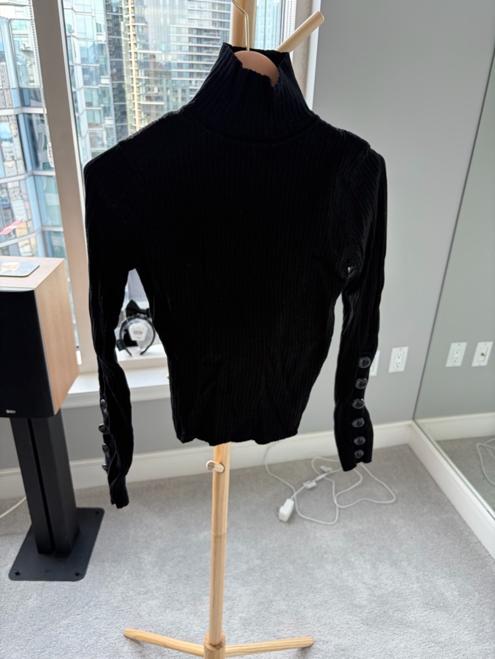 Zara Black Ribbed Turtleneck Sweater with Button Cuff Detail